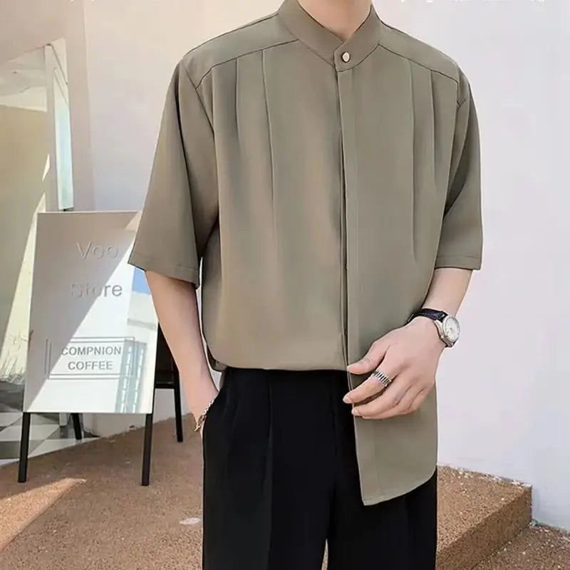 sanyamk Round Neck Temperament Man Simplicity Shirts Solid Color Short Sleeve Handsome Button Korean Fashion Casual Men's Clothing