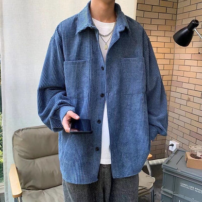 Bonsir Spring Grey/Blue/Black Corduroy Shirt Men Fashion Casual Pocket Shirts Mens Streetwear Korean Loose Long Sleeve Shirt Men M-2XL