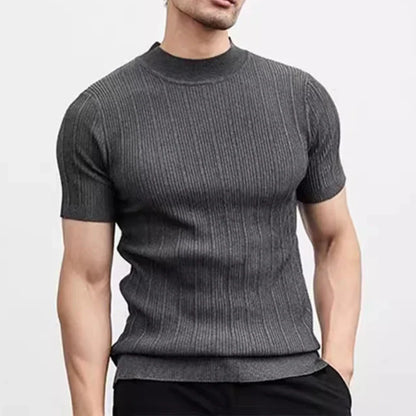 sanyamk 2024 Spring Summer Casual Knit T Shirts For Men Solid Color Short-sleeved Slim Jumper Tops Mens Knitwear Fashion Mock Neck Tees