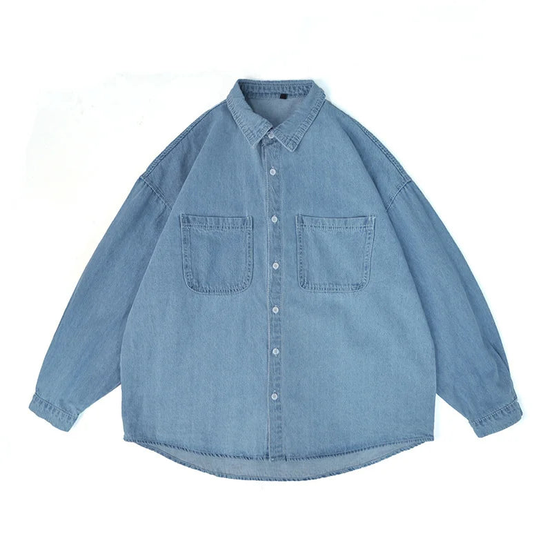 sanyamk Autumn ins high street cowboy shirt men's design inside couple simple long sleeve outside Lapel shirt Denim camisa jeans