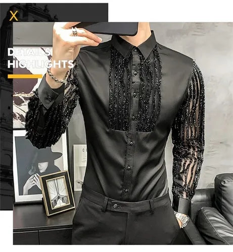 Bonsir Lace Hollow Shirts for Men Long Sleeve Slim Fit Streetwear Social Party Blouse Nightclub Singer Dj Clothing Camisas Para Hombre