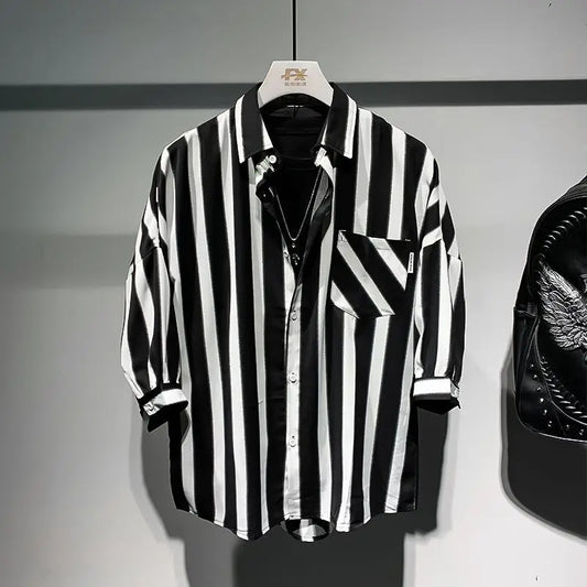 sanyamk 2024 New Summer Trend Fashion Retro Simple Loose Casual Oversize Lapel Black and White Striped Three Quarter Shirt for Men