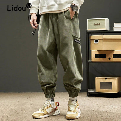 Bonsir Men's Spring Autumn Fashion Japanese Streetwear Trousers Casual Solid Loose Corduroy Cargo Hip Hop Oversized 5XL Harem Pants