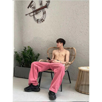 sanyamk Fashion Pink Pants Men's Jeans Loose Streetwear Baggy Denim Trousers Male Straight Bottoms Korean Style Trousers Hip Hop