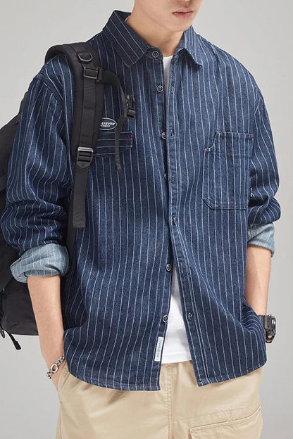 sanyamk Denim Jackets Men Striped Japanese Retro Style Long Sleeve Baggy Handsome Popular Pockets Advanced Casual Techwear Vitality