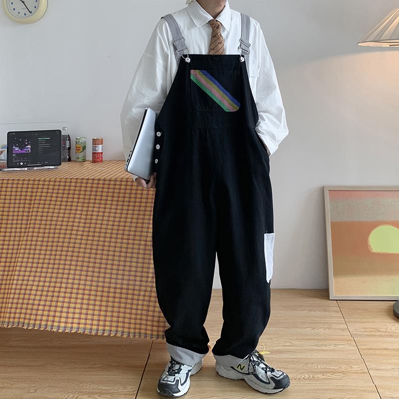 sanyamk Men Suspenders Jumpsuits Oversized Rainbow Printing Overalls Summer Straight Casual Pants Vintage Splicing Trousers Male Clothes