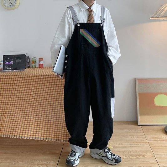 sanyamk Men Suspenders Jumpsuits Oversized Rainbow Printing Overalls Summer Straight Casual Pants Vintage Splicing Trousers Male Clothes