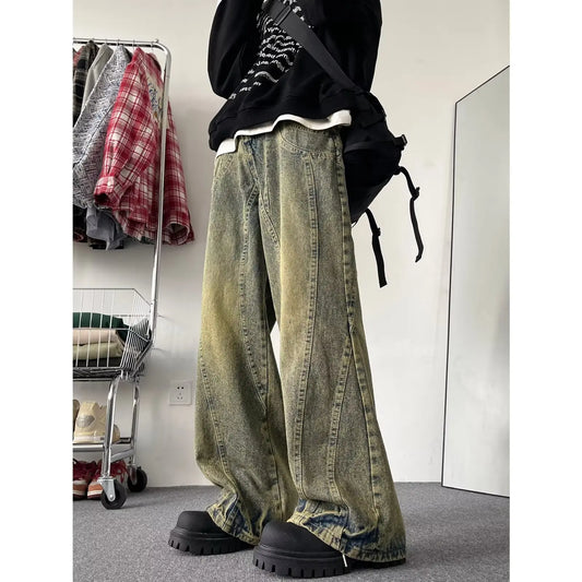 sanyamk Autumn New Jeans Men 2024 Wide Leg Jeans Male Vintage Loose Denim Pants Harajuku Yellow mud Mopping Trousers Streetwear Clothes