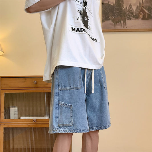 Bonsir Summer Denim Shorts Men Fashion Vintage Pocket Denim Shorts Mens Japanese Streetwear Hip-hop Loose Cargo Jeans Shorts Men M-3XL