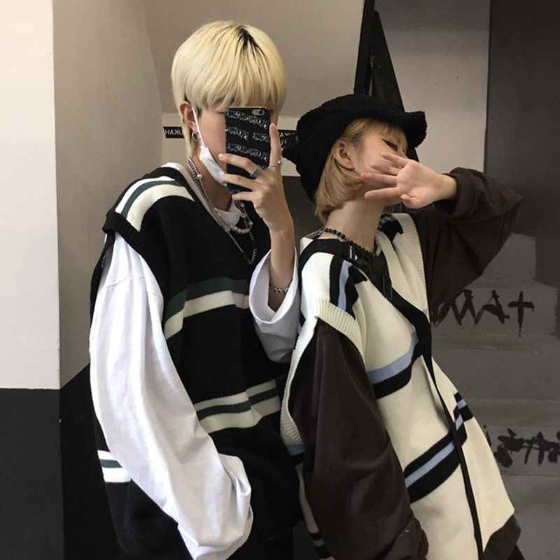 sanyamk Couples Knitted Sweater Vest Japanese Pullover Retro Men Korean Fashion Loose Stripe Loose Casual Harajuku V Neck Golf Vest Men