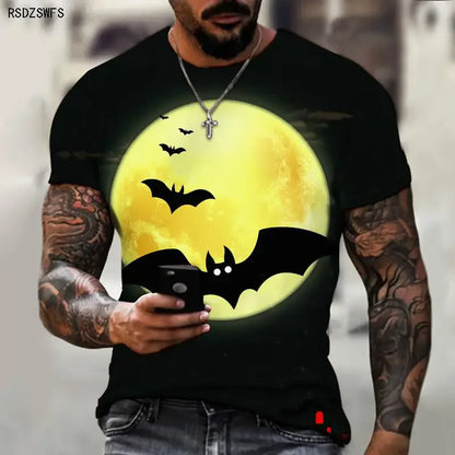 sanyamk Halloween Summer Men's New T-shirt 3D Printed Bat Pattern Fashionable, Casual, Comfortable Street Plus Size