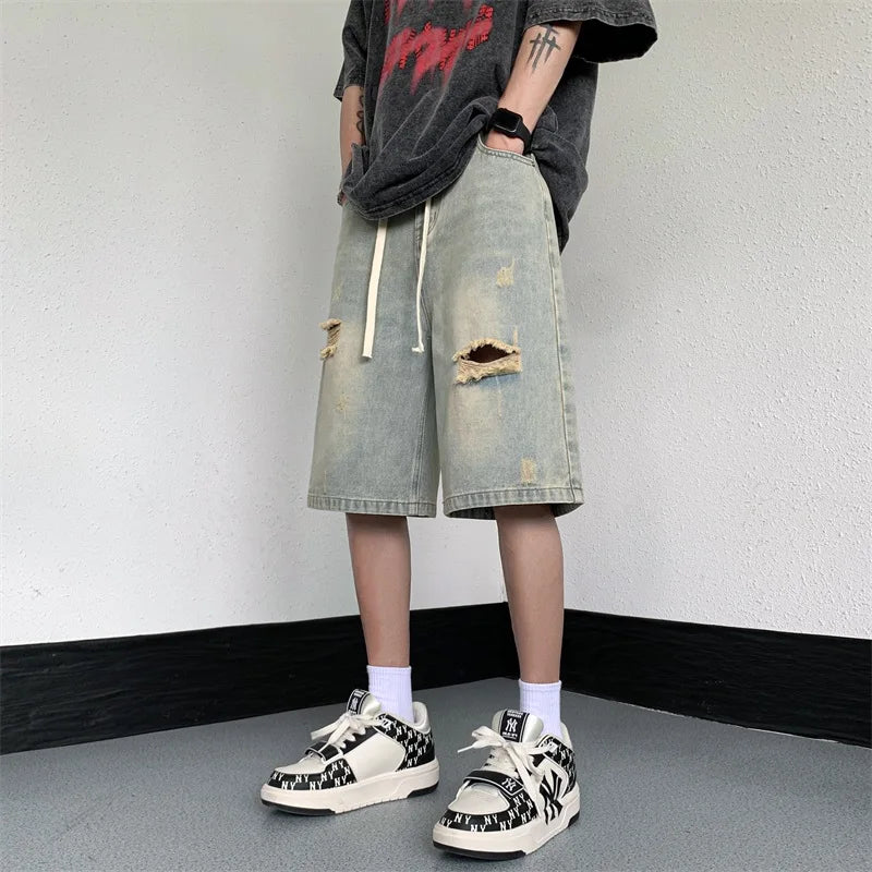 sanyamk Black Baggy Men Jeans Shorts Ripped Summer Japanese Hip Hop Streetwear Harajuku Denim Bermuda Masculina