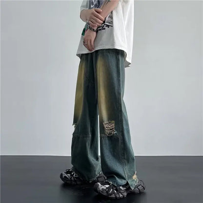 sanyamk New Streetwear Patchwork Jeans Cargo Pants Loose Plus Size Neutral Wide Leg Pants Harajuku Casual Denim Pants Men Clothing Y2K