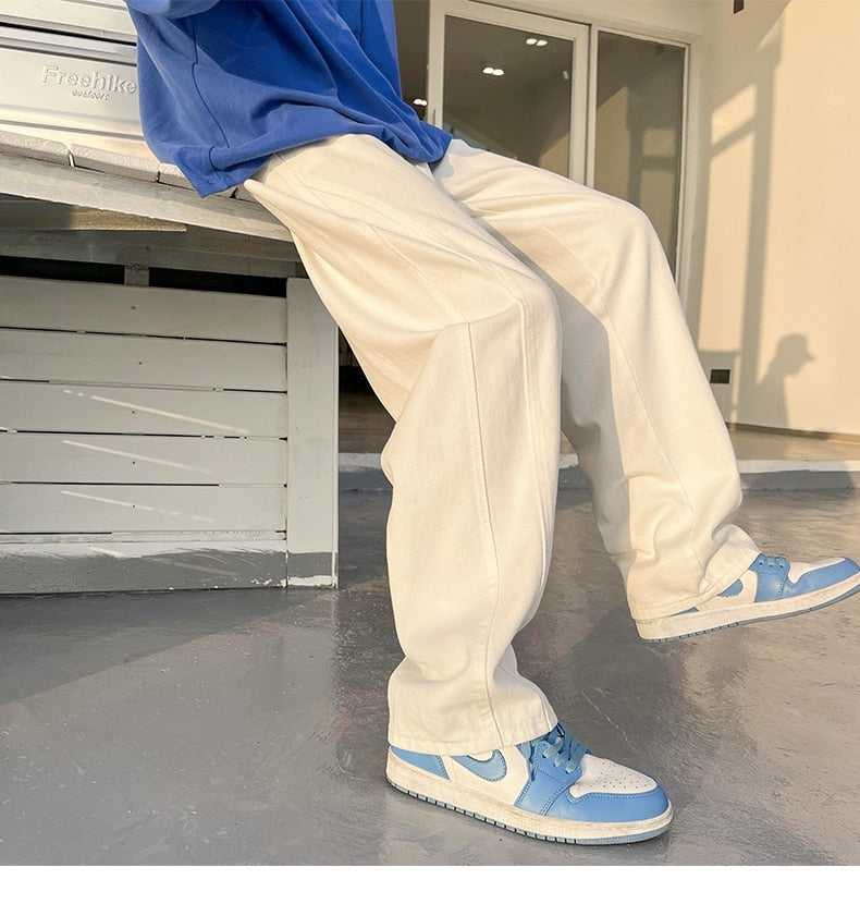 sanyamk Spring Summer New Casual Jeans Men Fashion Straight Loose Jean Pants Neutral Streetwear Solid All-match Wide-leg Trousers