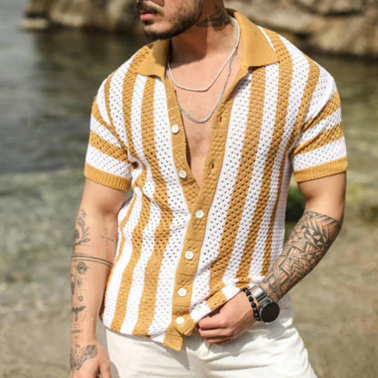 sanyamk  -  Male Collar Button-up Cardigan Social Shirt Men Clothing Hollow Loose T-shirts 2yk Top Fashion Striped Stitch Polos Shirts