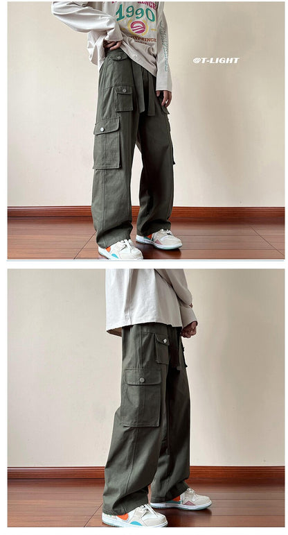 Bonsir High Street Casual Multi-pockets Overalls Men's and Women's New Autumn Cargo Pants Loose Straight Wide Leg Pants With Belt