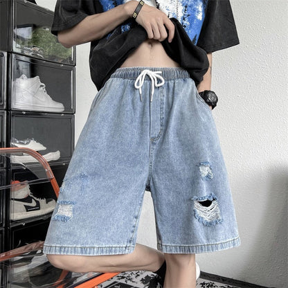 sanyamk Summer Blue Ripped Denim Shorts Men Fashion Casual Hole Denim Shorts Men Streetwear Loose Hip Hop Straight Jeans Shorts Men