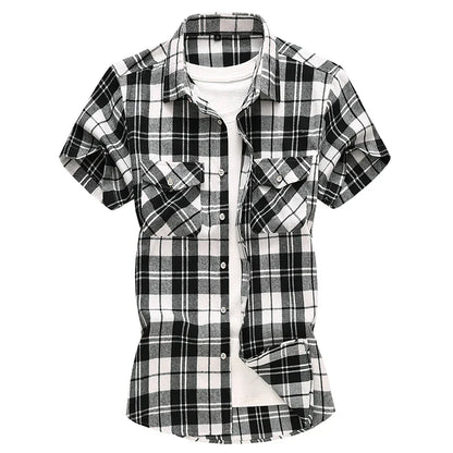 sanyamk Striped Plaid Short-sleeved Shirt Men's Single-breasted Square Collar Cotton Shirts Summer Fashion Casual Camisa Men Chemise 7XL