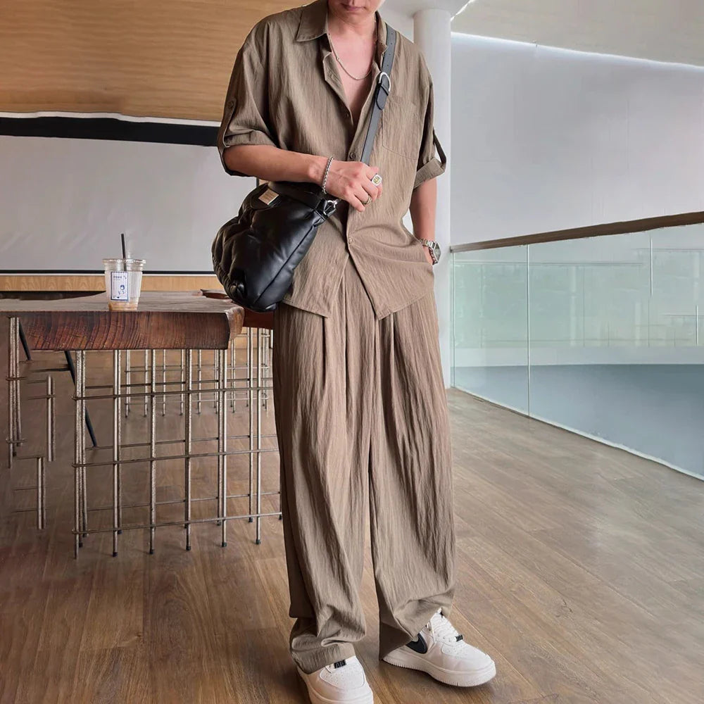 sanyamk Mens Casual Light Shirt Wide Leg Pants 2024 New Genderless Fashion Vacation Basics Versatile Solid Color Suit Two-Piece Unisex