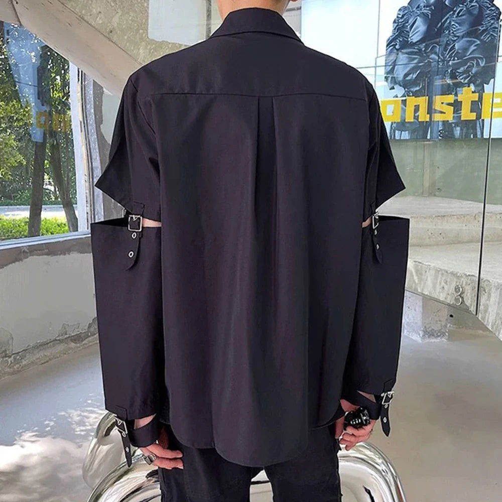 sanyamk Mens Y2k Spliced Casual Long-Sleeved Shirt 2024 New Genderless Functional Personality Solid Color Loose Hand Strap Top Unisex