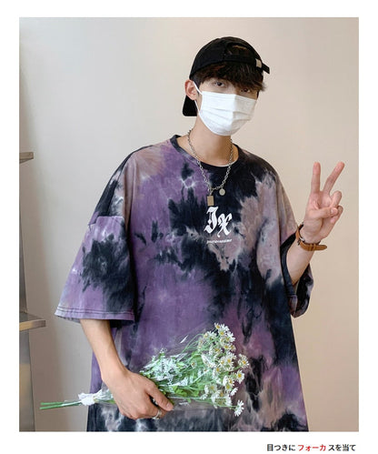 Bonsir Men Summer New Hot Hip Hop Streetwear Fashion T-Shirts Cotton Oversized Top Tees Mens Casual Tie-Dye O-Neck Short Sleeve T Shirt