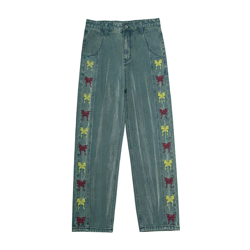 sanyamk Men Korean Fashions Retro Blue Jeans Butterfly Embroidery Spring Harem Pants Mens Streetwear Denim Baggy Wide Leg Pants