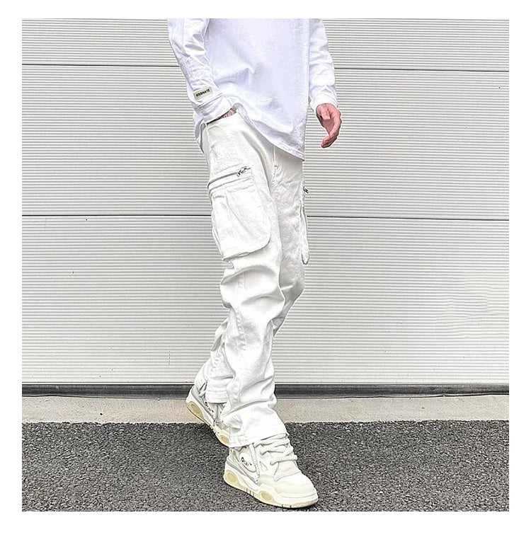 sanyamk Streetwear Retro White Black Pleated Tapered Jeans Side Pockets Zipper Hem Casual Jeans Baggy Men's Fashion Straight Denim Pants