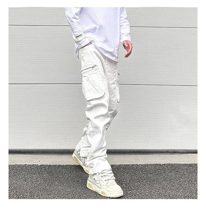 Bonsir Streetwear Retro White Black Pleated Tapered Jeans Side Pockets Zipper Hem Casual Jeans Baggy Men's Fashion Straight Denim Pants