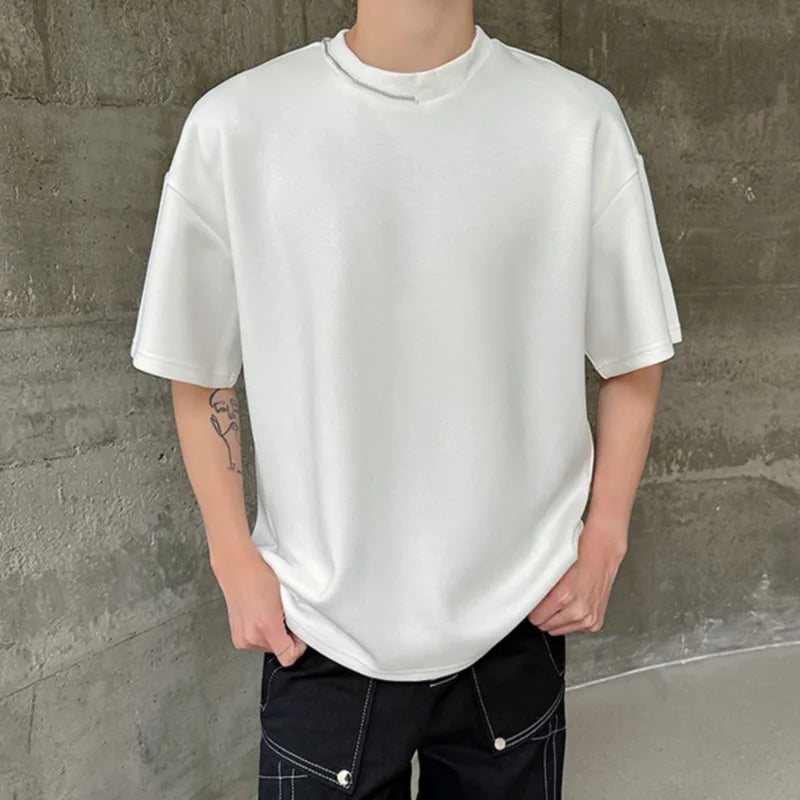 sanyamk  -  2024 Summer New Asymmetric Zipper T-shirt Short Sleeve Men's Top Round Collar Casual Fashion T-shirts Loose Men Clothing