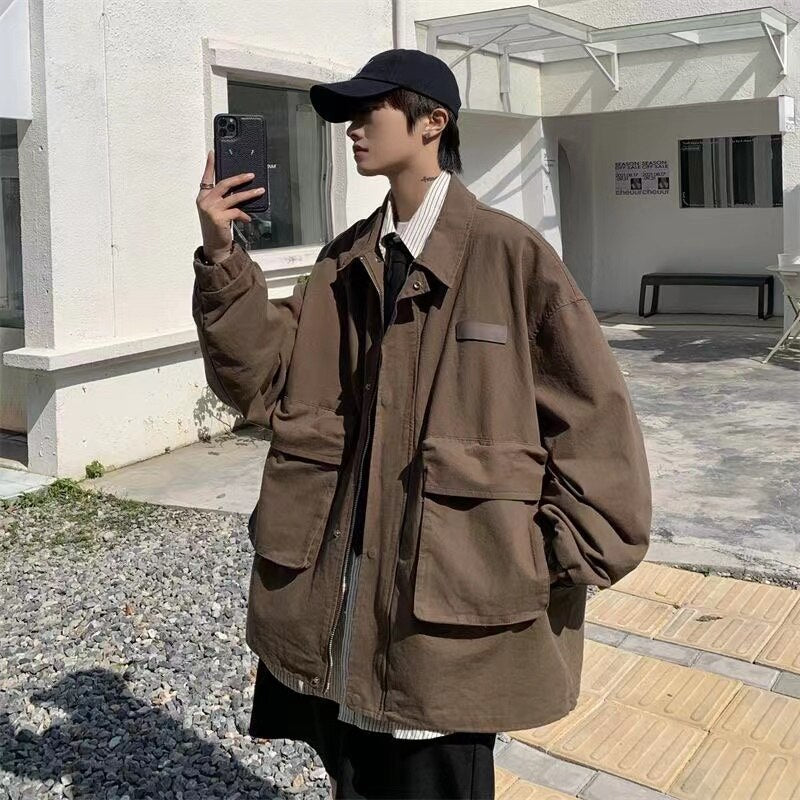 Bonsir Men's Workwear Cargo Black/brown Coat Fashion Trend Loose Streetwear Jacket Handsome Clothes Lapel Collar Outerwear M-2XL