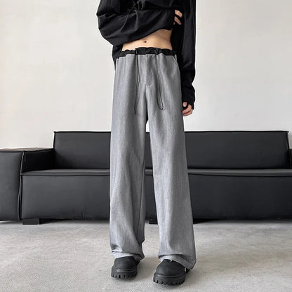 sanyamk Blue/Gray/Black Elastic Waist Suit Pants Men Fashion Society Pants Korean Loose Straight Casual Pants Mens Office Trousers