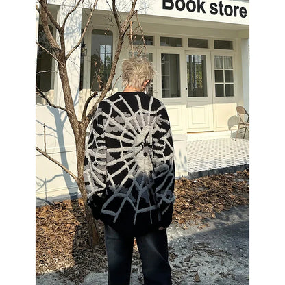 Bonsir American Spider Jacquard Round Neck Sweater Men's Women's Autumn/Winter Lazy Trendy Oversize Knit winter clothes pullover