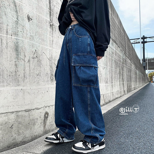 sanyamk American Men's Wide Leg Jeans Fashion Brand Y2K Male Cargo Denim Pants Solid Color Vintage Large Size Trousers