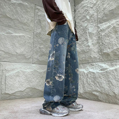 Bonsir Autumn Men Fashion Printed Jeans Denim Male Harajuku Trousers Korean Style High Street Loose Hip Hop Woman Wide-leg Jean Pants