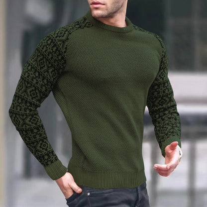 Bonsir Vintage Pattern Patchwork Long Sleeve Sweater Men Autumn Fashion Crew Neck Knitted Tops Pullover Mens Casual Slim Knit Sweaters