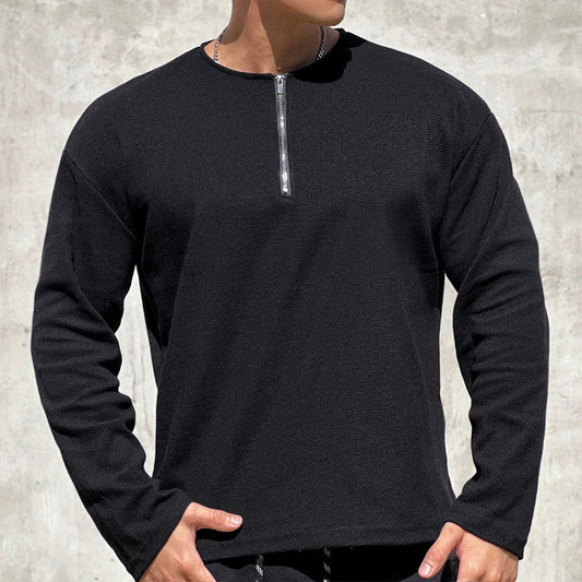 sanyamk  -  Men Clothing Casual Long Sleeve Muscle Male Pullover Simple Waffle Tops Tee t-shirt Vintage Solid Zipper Loose Gym Shirts