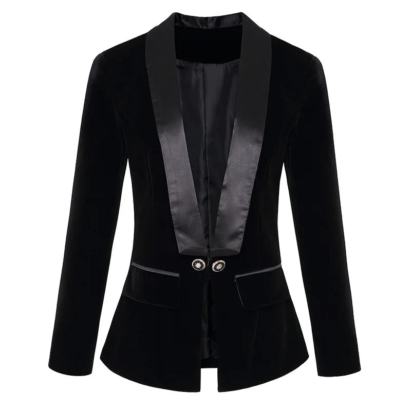 sanyamk  -  Dark Blue Black Blazer Women Spring Autumn Long Sleeve Velvet Coats Shawl Collar Single Button Blazers Women Jacket Coat Female