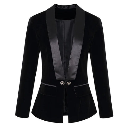 sanyamk  -  Dark Blue Black Blazer Women Spring Autumn Long Sleeve Velvet Coats Shawl Collar Single Button Blazers Women Jacket Coat Female