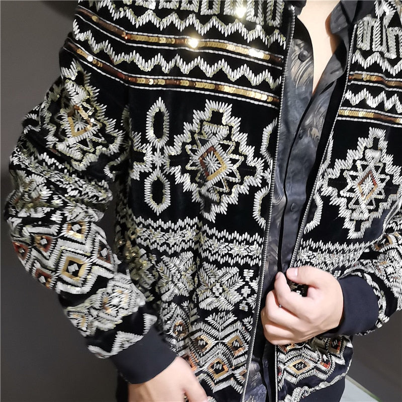 Bonsir Heavy Embroidery Increase Paillette Leisure Time Loose Coat Jacket Spring Autumn Men's Wear Baroque Court Wind Imported Velvet