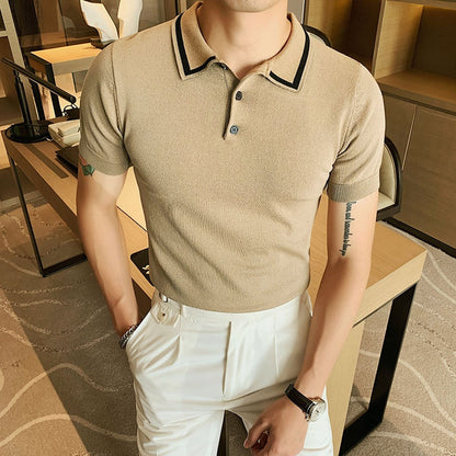 Bonsir Summer Men Poloshirt Vintage Shirt Fashion Knit Sweater Short Sleeve Tee Top Male Polo Shirt Casual Lapel Tshirt Cardigan Blouse