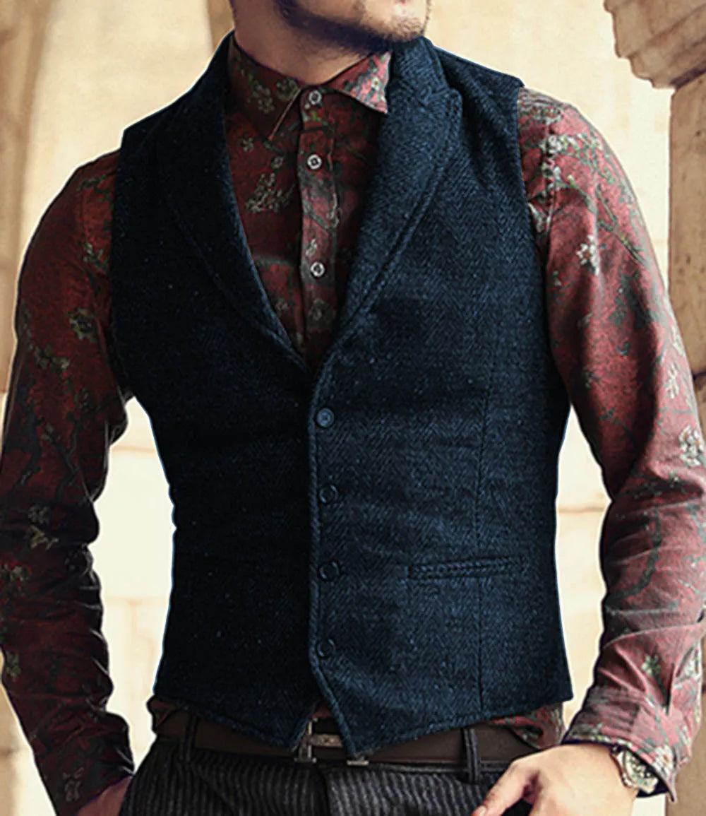 sanyamk New Men Suit Ves Classic Herringbone Pattern Business Waistcoat Notch Lapel Wool Tweed Groomsmen Waistcoat Vests For Men