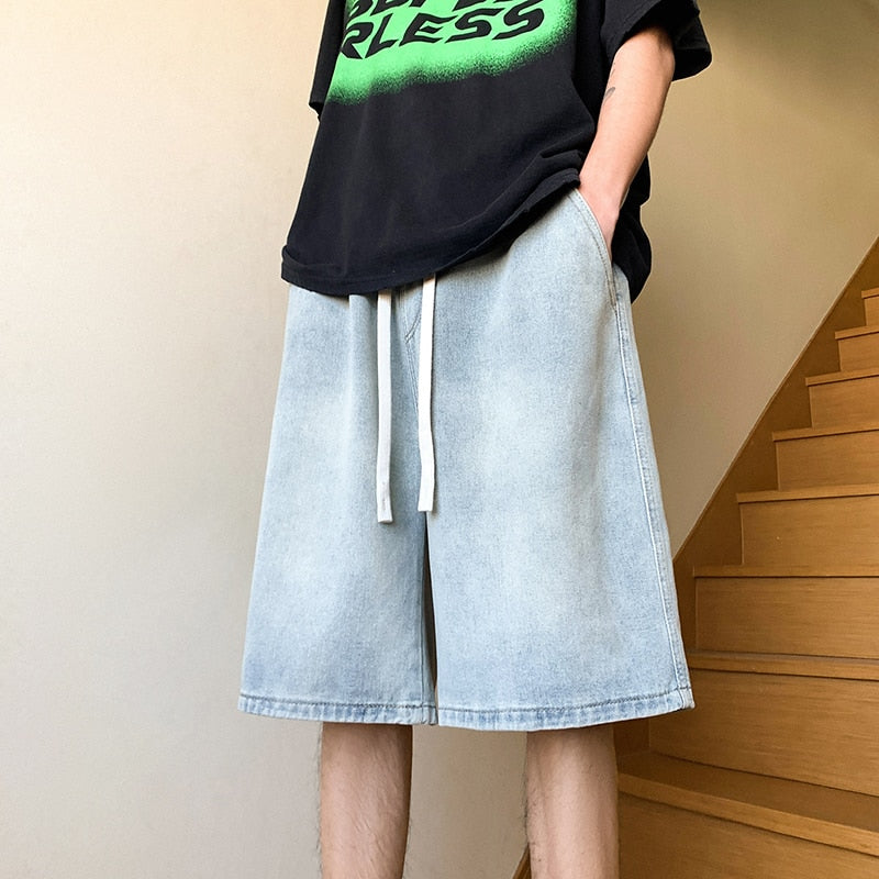 sanyamk Summer Men Blue Baggy Short Jeans Drawstring Design Korean Fashion Loose Straight Oversize Shorts Bermuda Denim Shorts Male