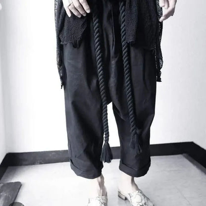 Bonsir Men Summer Black Linen Harem Pants Nightclub Stage Baggy Trousers With Rope Belt Mens Gothic Punk Hip Hop Joggers Street Wear