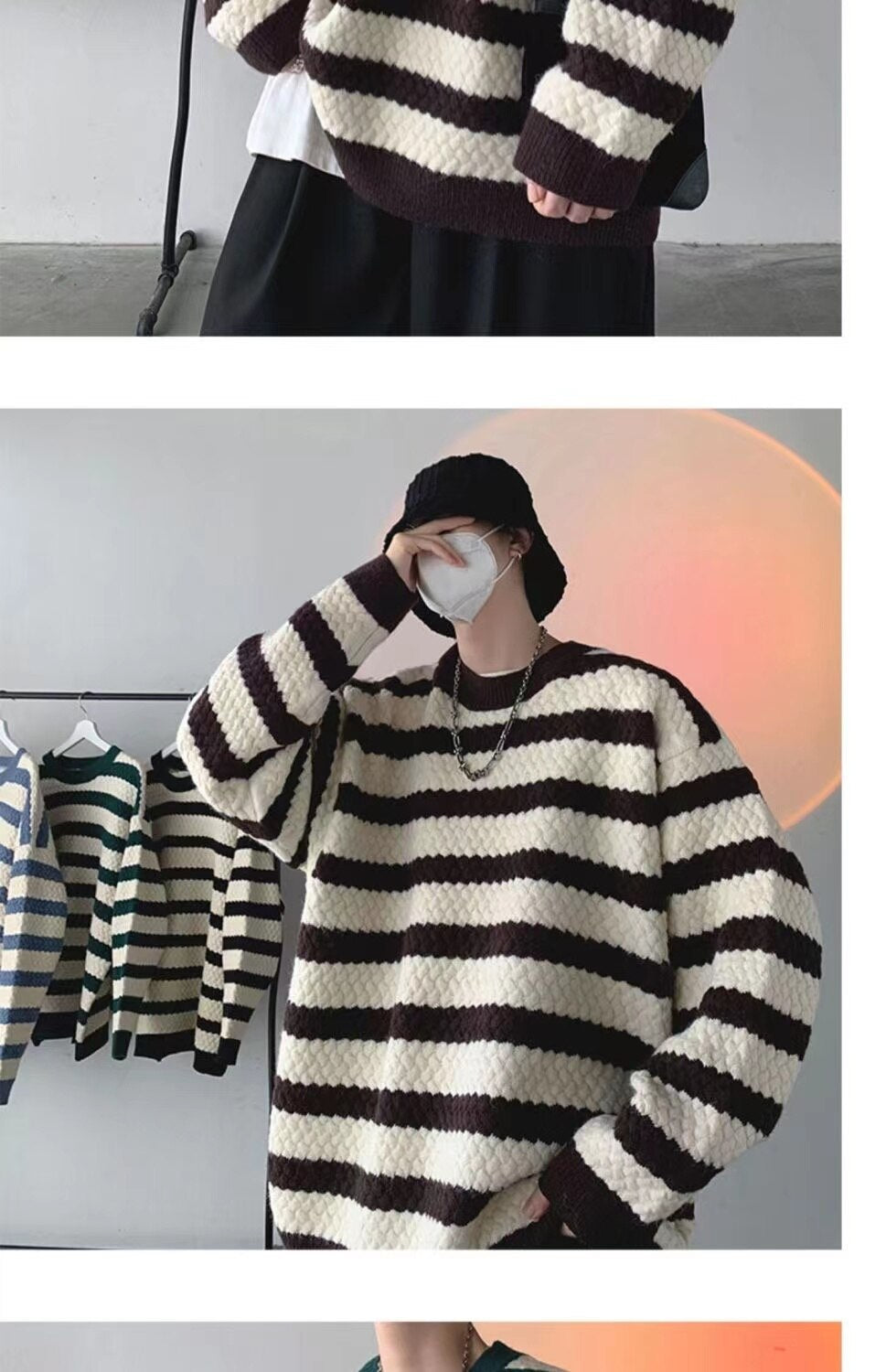 sanyamk Winter Men's Stripe Printing Coats Round Neck Wool Sweater Retro Loose Pullover Fashion Trend Thickened Knitting M-2XL