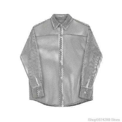 sanyamk Transparent Mesh Shirt Hollow Out Jacket Personality Breathable Youth Fashion Long Sleeve Tops Men Lapel Party Clubwear