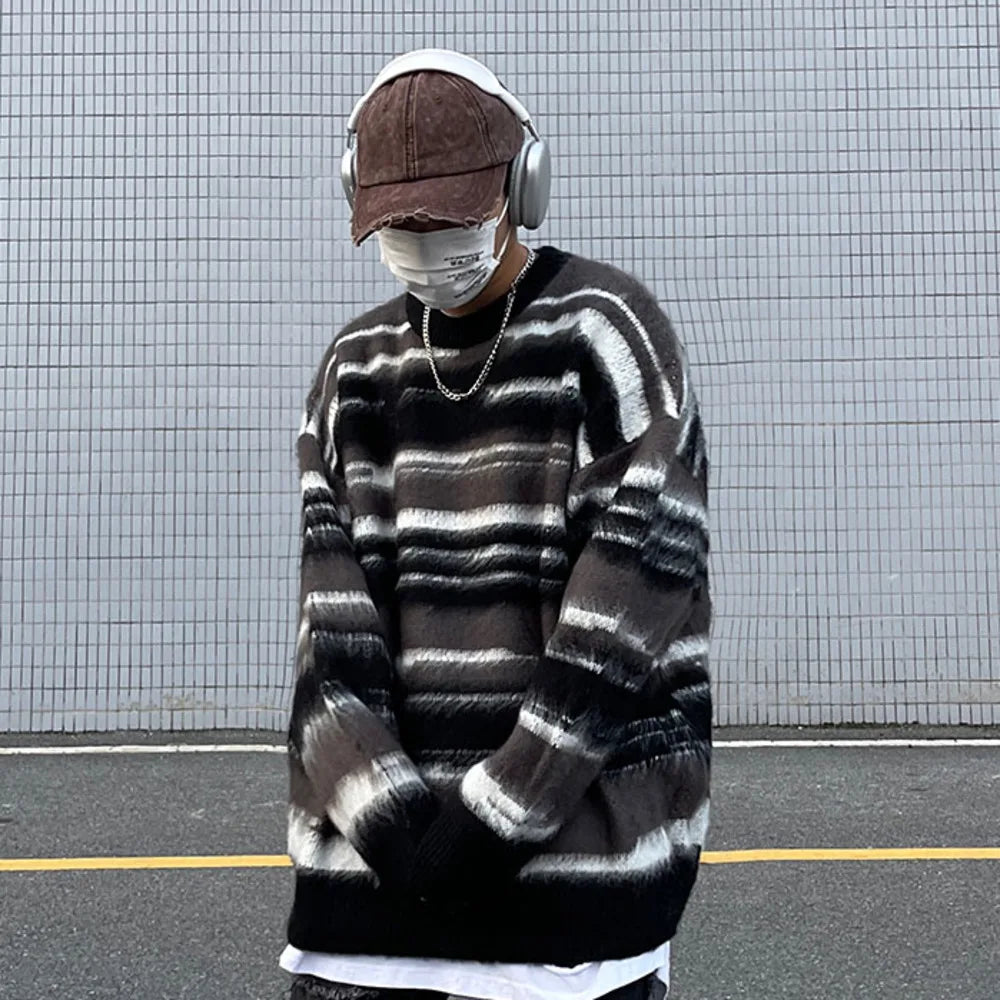 Bonsir Hiphop trendy American hip-hop striped sweater for men pullover and women's casual loose sweaters in winter sweter hombre