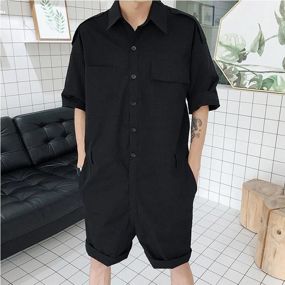 Bonsir Fashion Men Playsuit Overalls Punk Hip Hop Korean Version Pocket Pant Loose Short Sleeve Rompers Youth Cargo Jumpsuit Streetwear