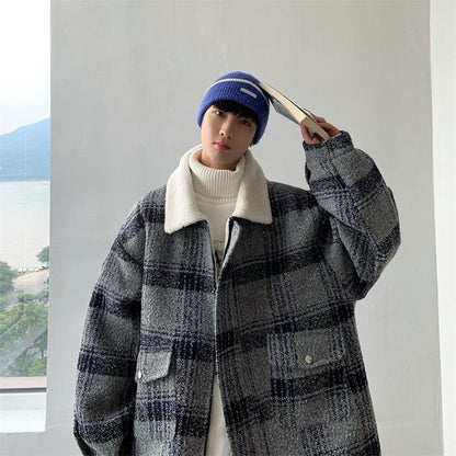 Bonsir Winter Jacket Men Warm Fashion Retro Casual Plaid Thickened Lamb Wool Jacket Men Streetwear Loose Short Coat Men Clothes S-2XL