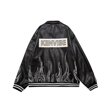 Bonsir Back Letter Flocking Embroidery Bottom Flame Pu Leather Coats for Men and Women Harajuku Hip Hop Loose Autumn Jackets Oversize