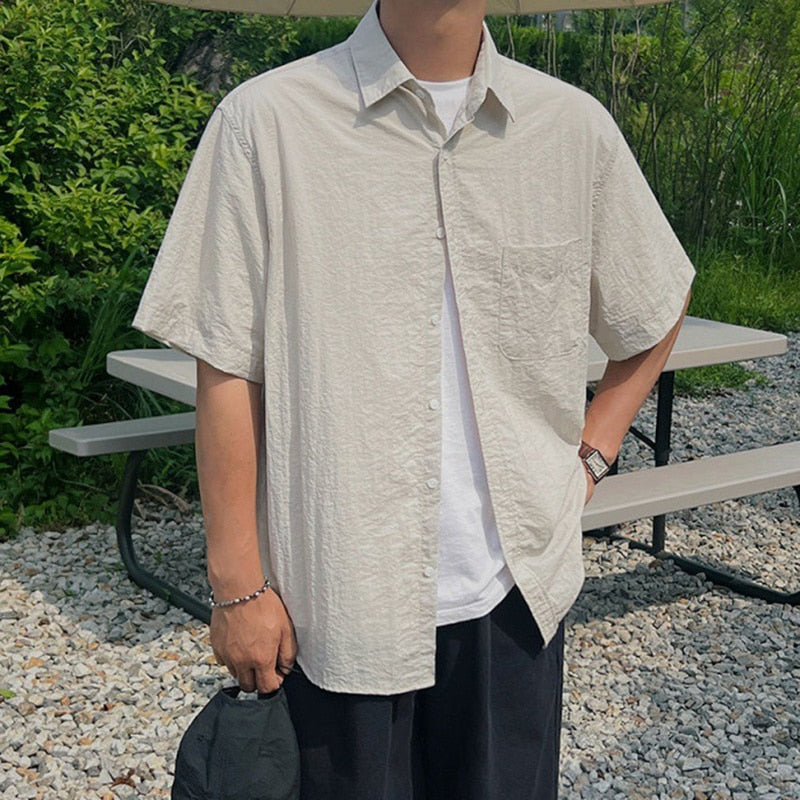 Bonsir Pleated Shirt Men's Korean Style Loose Lapel Short Sleeve Tops Summer New Casual Cardigan Thin Versatile Streetwear